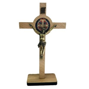 CU760085 - Crucifixo de Mesa São Bento Madeira - 34,5x18,5cm (CR54)